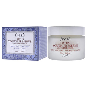Fresh Lotus Youth Preserve Moisturizer packaging and label emphasizing clean formula.
