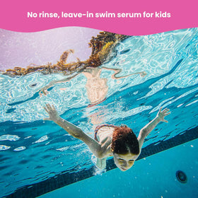 A child enjoys pool time with Fresh Monster Swim for hair protection.