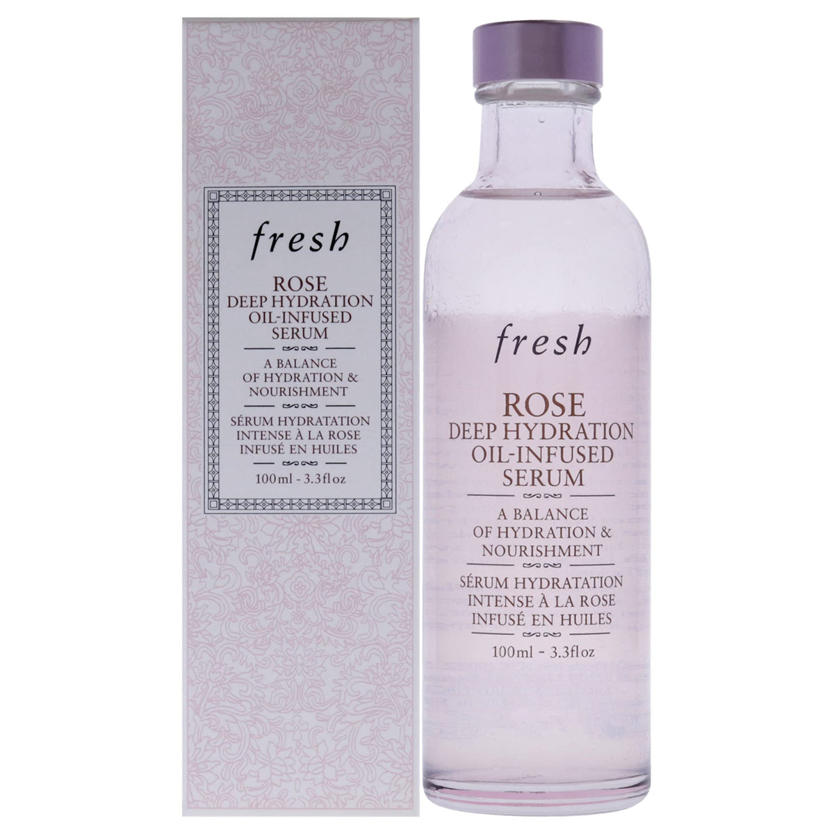 Fresh Rose Deep Hydration serum bottle showing dual-phase formula for quick hydration.