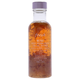 Fresh Rose Deep Hydration Toner bottle pour to boost hydration for refreshed skin.