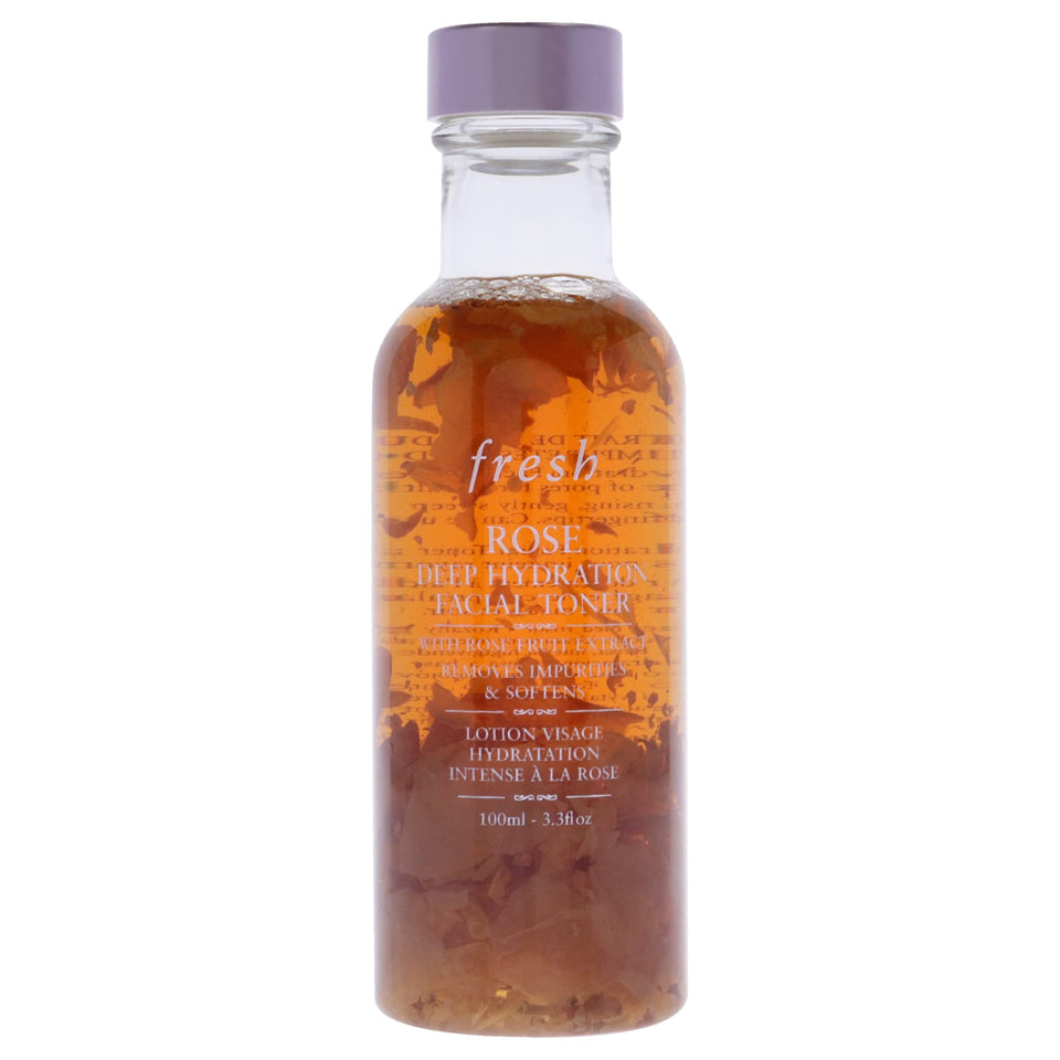 Fresh Rose Deep Hydration Toner bottle pour to boost hydration for refreshed skin.