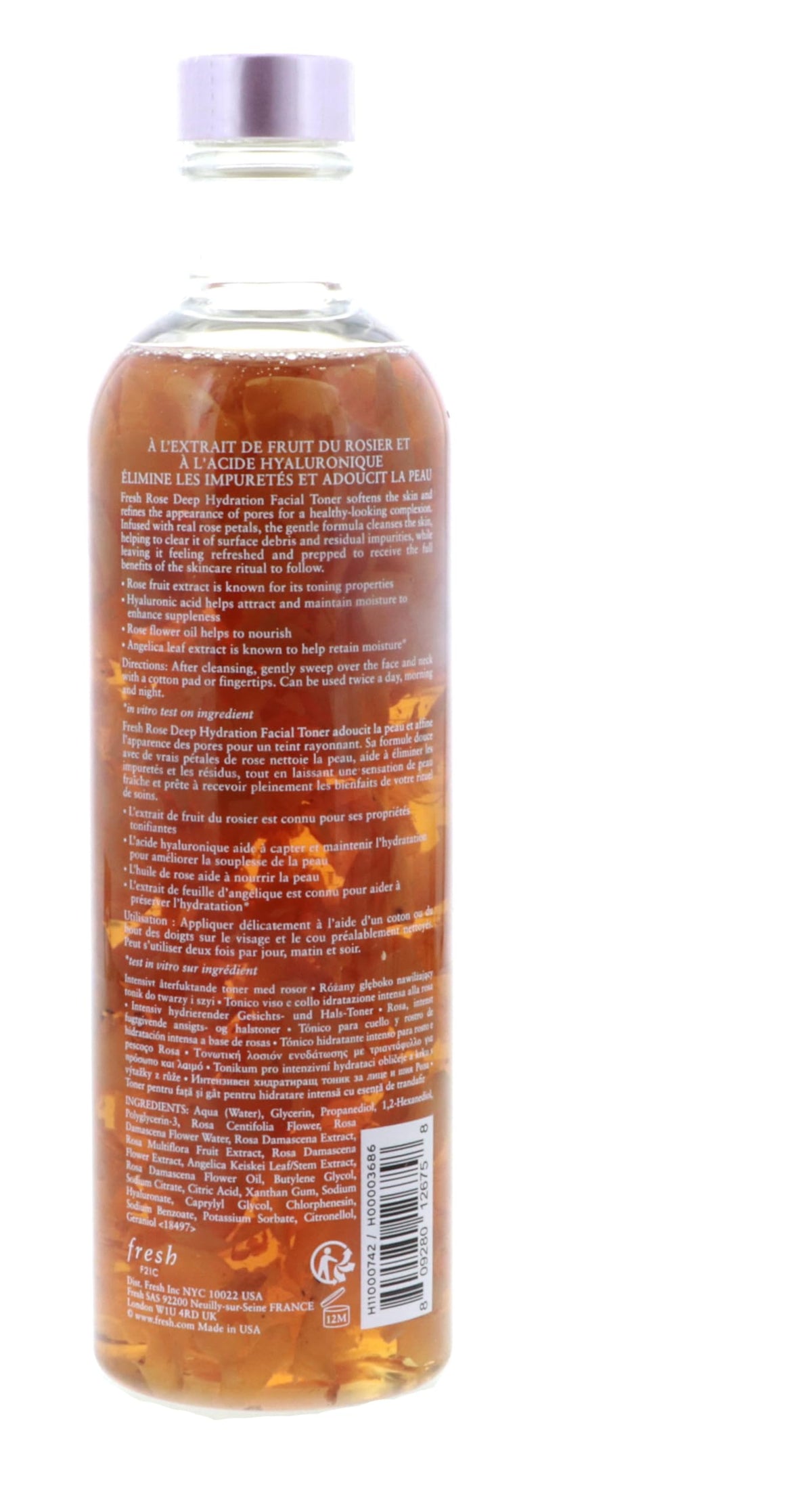 Fresh Rose Deep Hydration Toner ingredients featuring rose fruit extract and hyaluronic acid