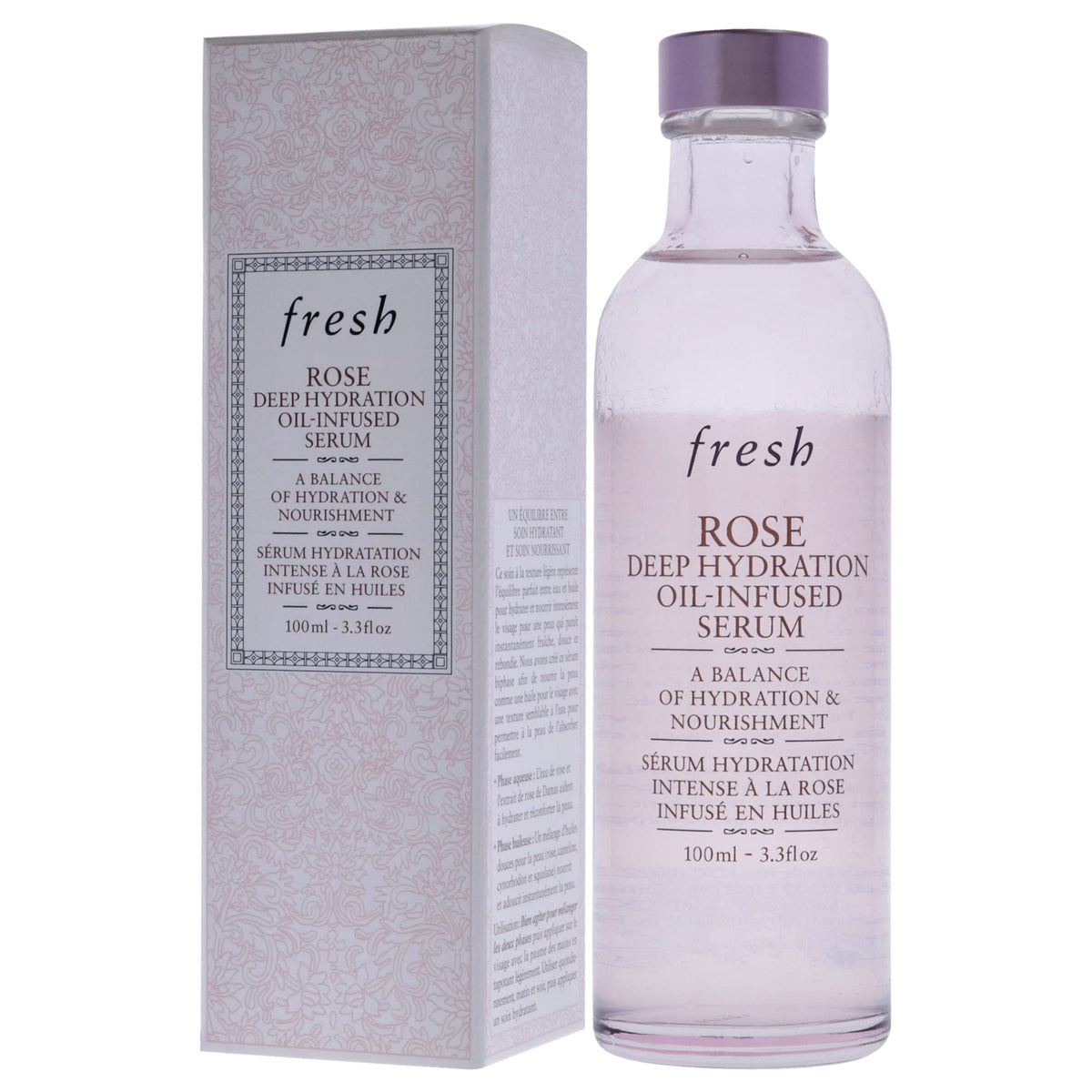 Fresh Rose packaging highlights damask rose extract for calming, hydrating presentation.