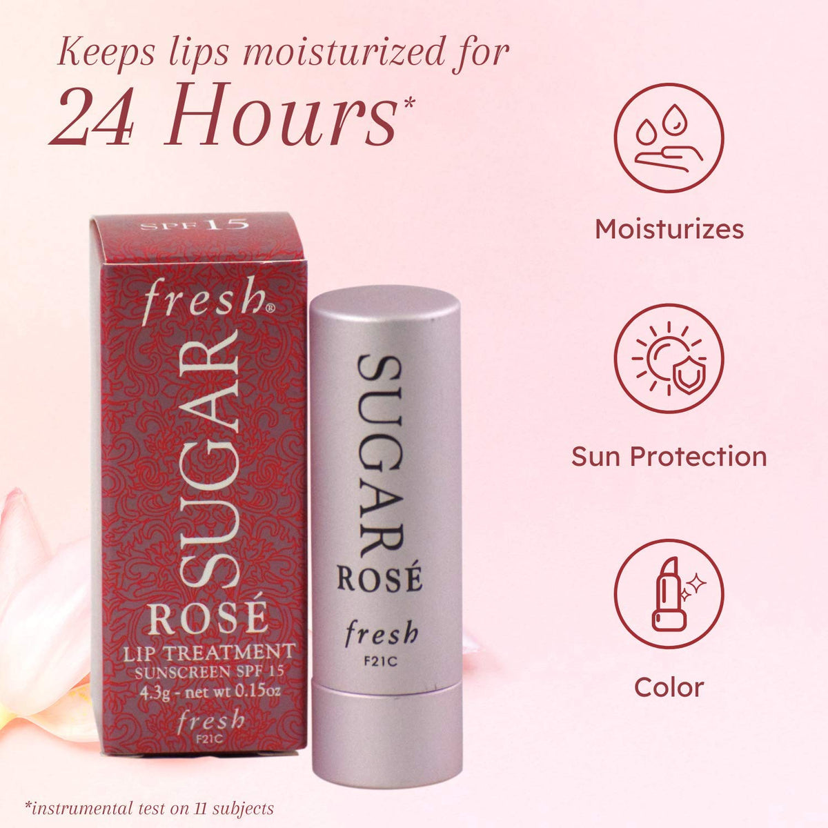 Fresh Sugar Lip Treatment SPF 15 Rose tube in use, delivering rosy hydration.