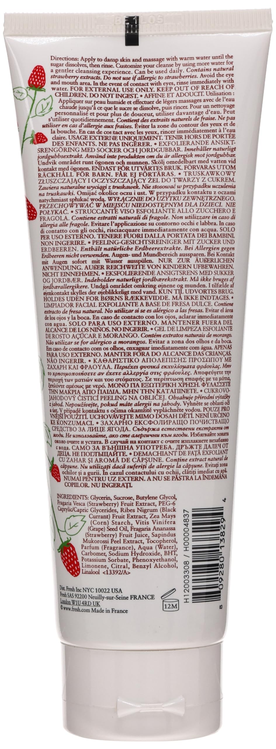 Fresh Sugar Strawberry Exfoliating Face Wash featuring real strawberries for a refreshing cleanse visual.