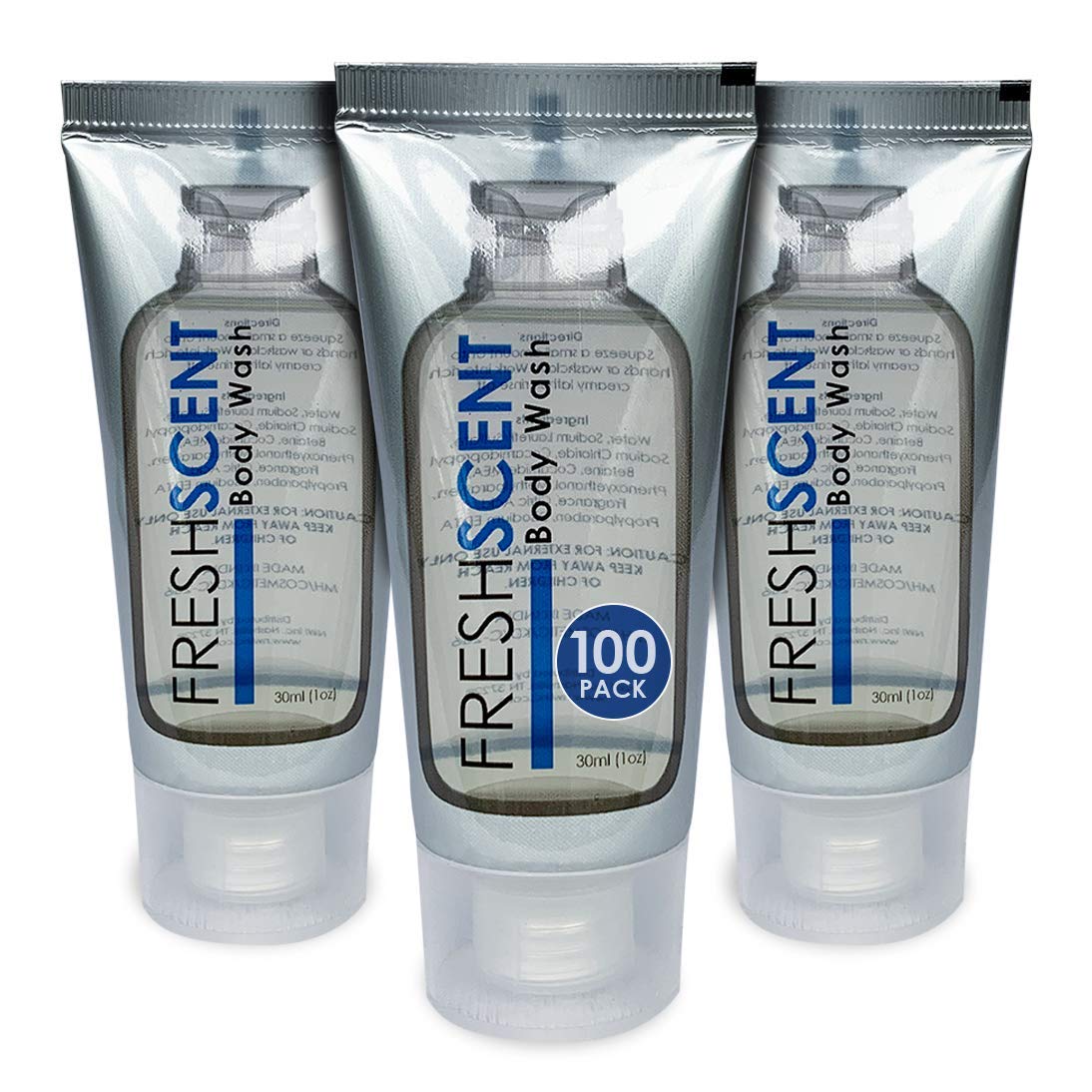 Freshscent body wash 1oz tubes in a cardboard case for hotel stock and easy restocking.