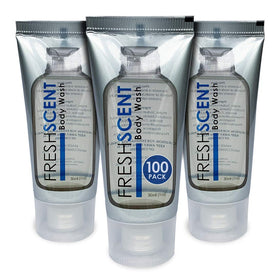 Freshscent body wash 1oz tubes in a cardboard case for hotel stock and easy restocking.