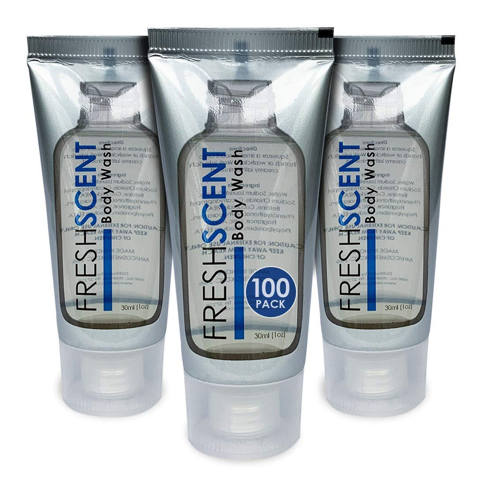 Freshscent body wash 1oz tubes in a cardboard case for hotel stock and easy restocking.