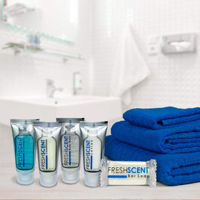 Freshscent conditioner 1oz tubes in a hotel display with unisex fragrance