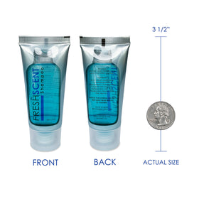 Freshscent shampoo label close-up showing compact travel size.