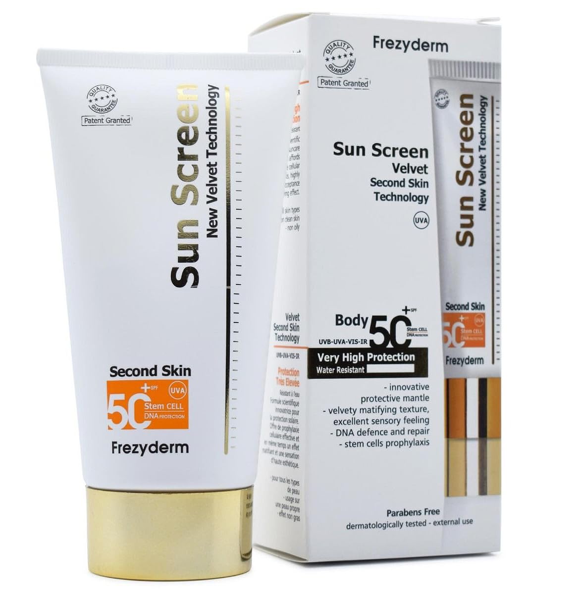 FrezyDerm Velvet bottle close-up, showcasing high SPF and silky skin feel.