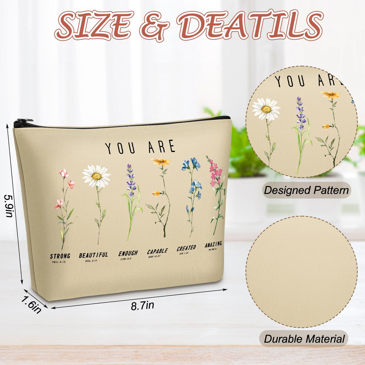 Frienda 24-pack Christian cosmetic bags with floral designs for group gifting