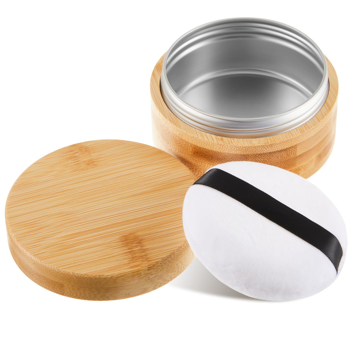 Frienda bamboo loose powder jar with puff for on-the-go touch-ups.