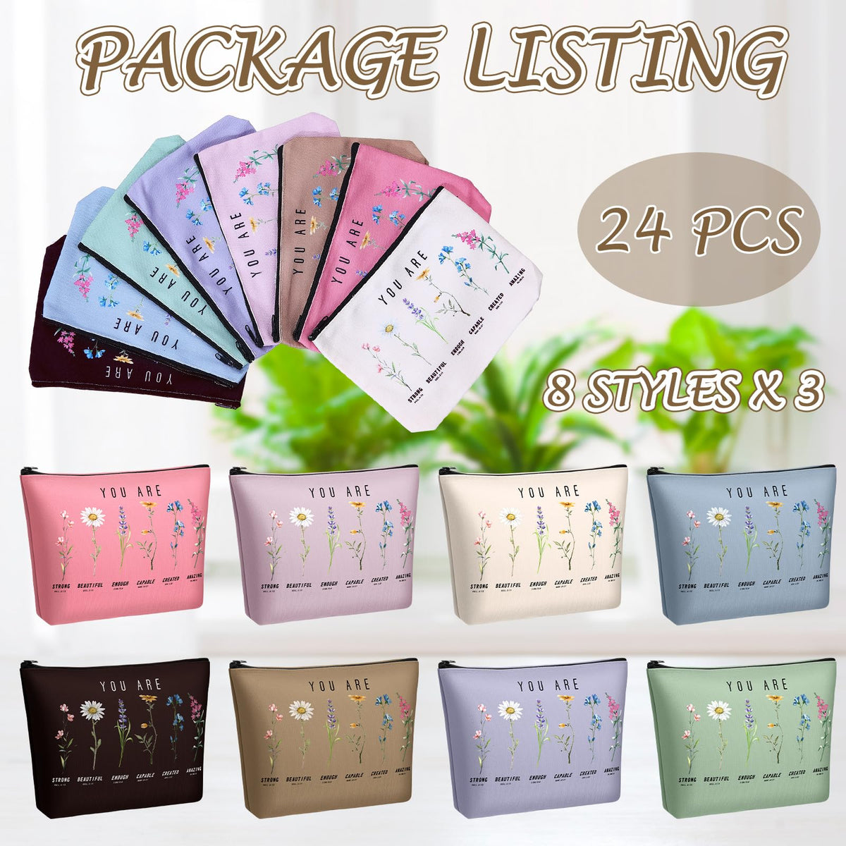 Frienda God Says You Are cosmetic bag with Bible verse and floral design for travel organization.