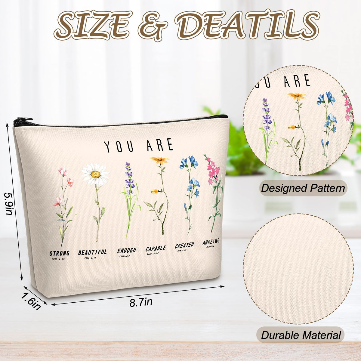 Frienda God Says You Are cosmetic bag with Bible verse and floral design for easy makeup storage.