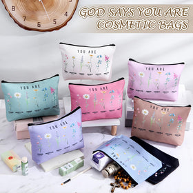 Frienda God Says You Are cosmetic bag with Bible verse and floral design for church activities.