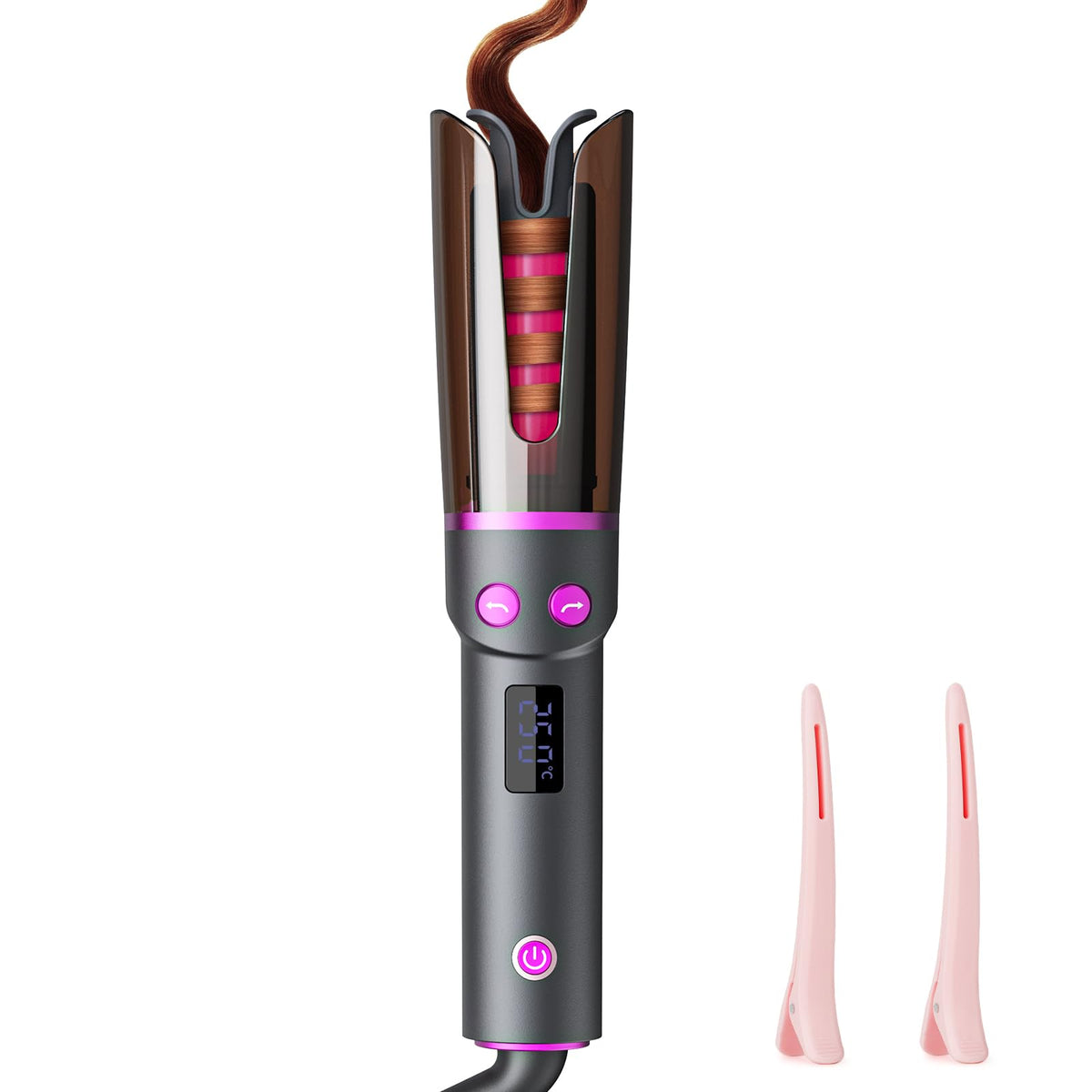 FRLEDM negative ion curling iron front view, travel-friendly design for quick curls