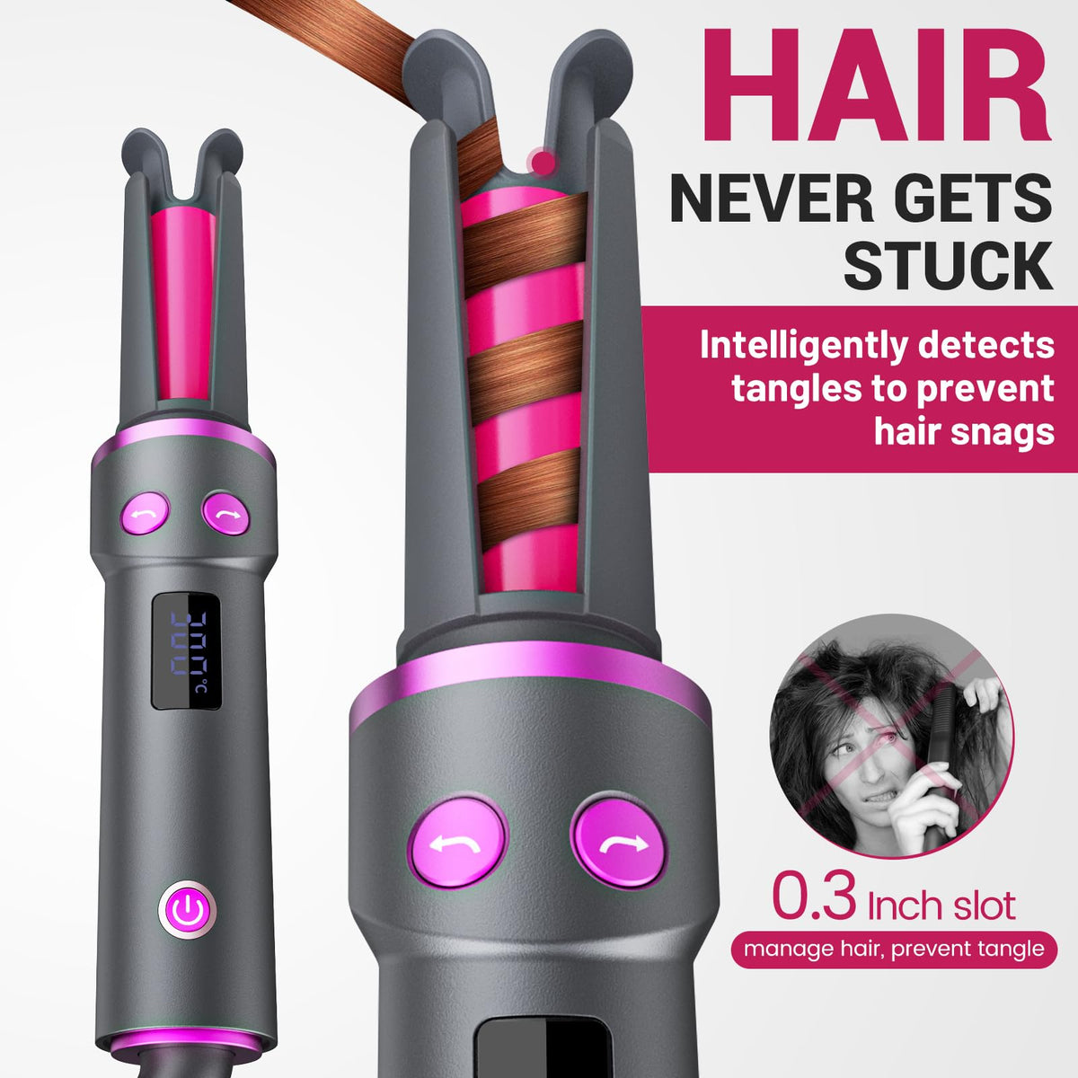 FRLEDM curling iron side view, dual voltage ready for worldwide use