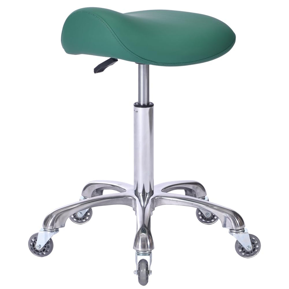 FRNIAMC saddle stool green, side view promoting upright posture for long clinic sessions