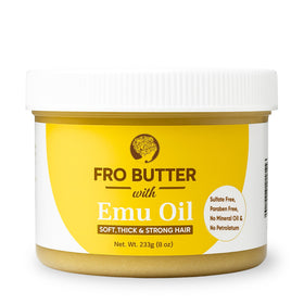 Fro Butter Emu Oil Hair Moisturizer 8oz jar showcasing lightweight hydration for textured hair
