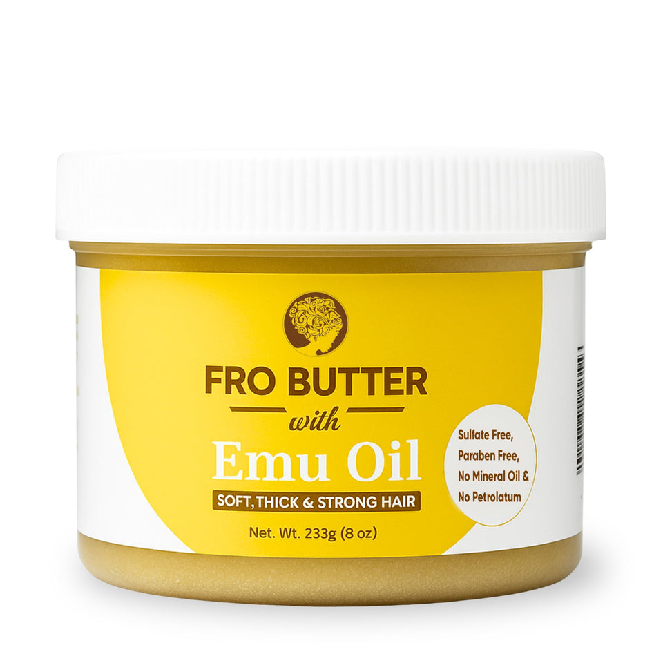 Fro Butter Emu Oil Hair Moisturizer 8oz jar showcasing lightweight hydration for textured hair