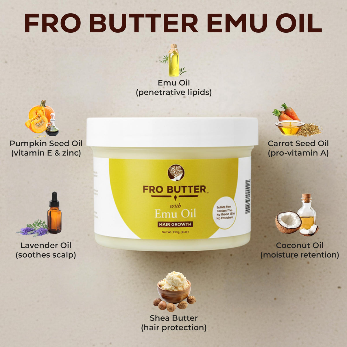 Close-up of pumpkin and carrot oils in Fro Butter Emu Oil Hair Moisturizer