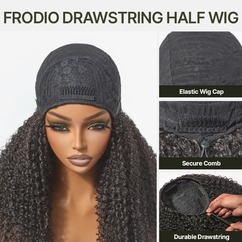 Frodio kinky curly half wig drawstring adjustment close-up demonstrates quick security.