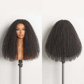 Frodio kinky curly half wig ready-to-wear packaging close-up shows instant styling.