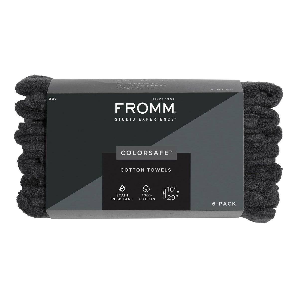 Fromm ColorSafe bleach-proof towels in black; stain-free for color services and easy cleanup.