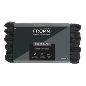 Fromm ColorSafe bleach-proof towels in black; stain-free for color services and easy cleanup.