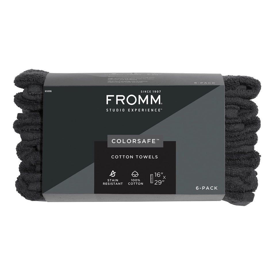 Fromm ColorSafe bleach-proof towels in black; stain-free for color services and easy cleanup.