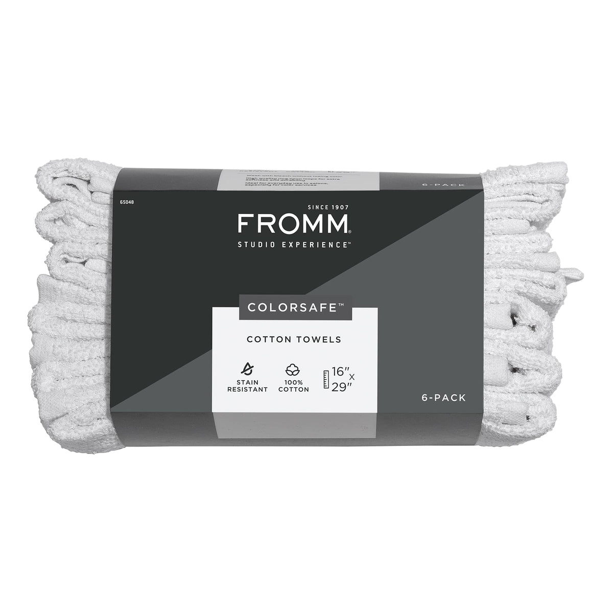 Fromm ColorSafe cotton towel bleach-proof finish for color services and stain resistance.
