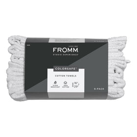 Fromm ColorSafe cotton towel bleach-proof finish for color services and stain resistance.