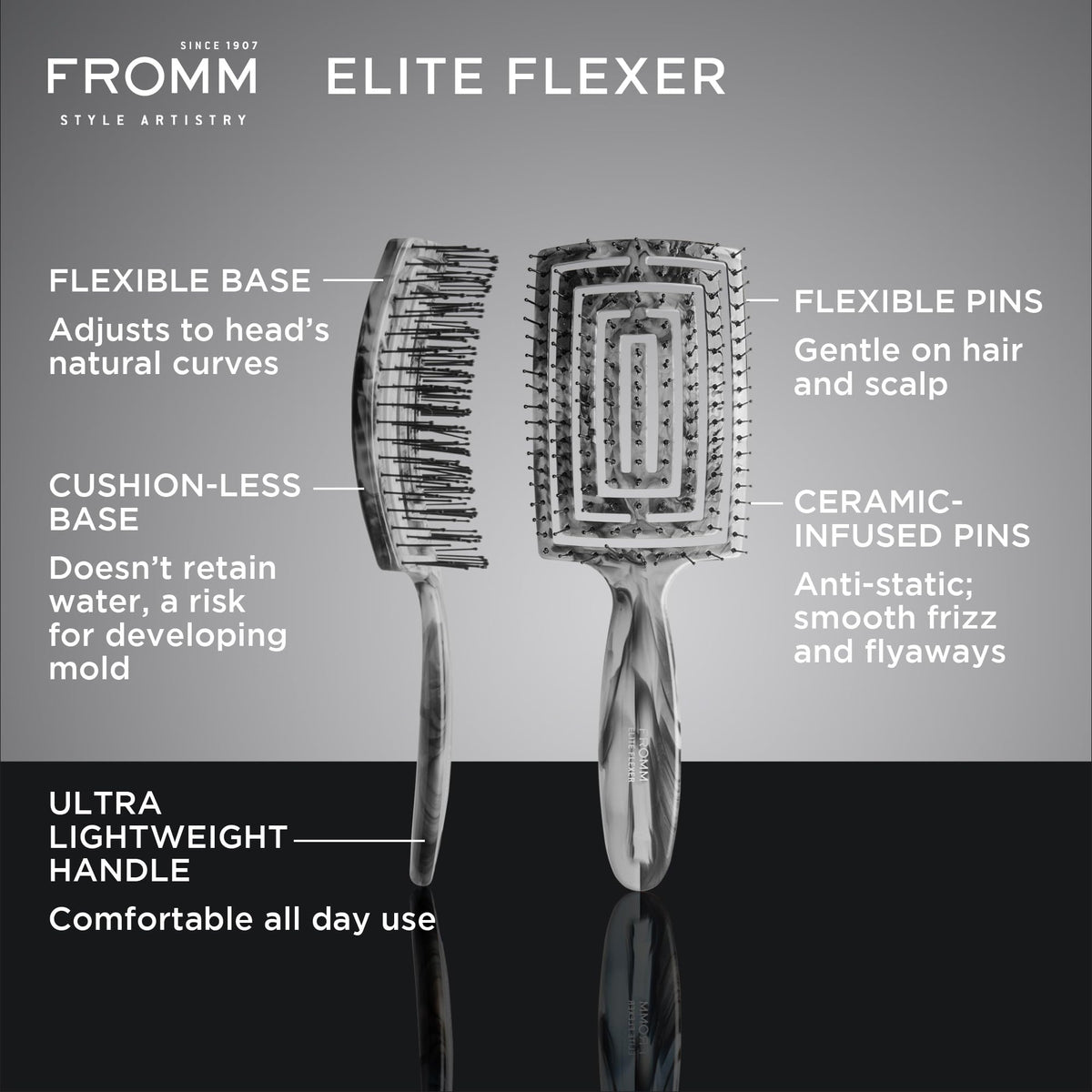 Fromm Elite Flexer ceramic pins smoothing frizz and flyaways across hair.