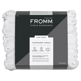 Fromm Softees microfiber towel with absorbent hair wrap for quick salon moisture control.