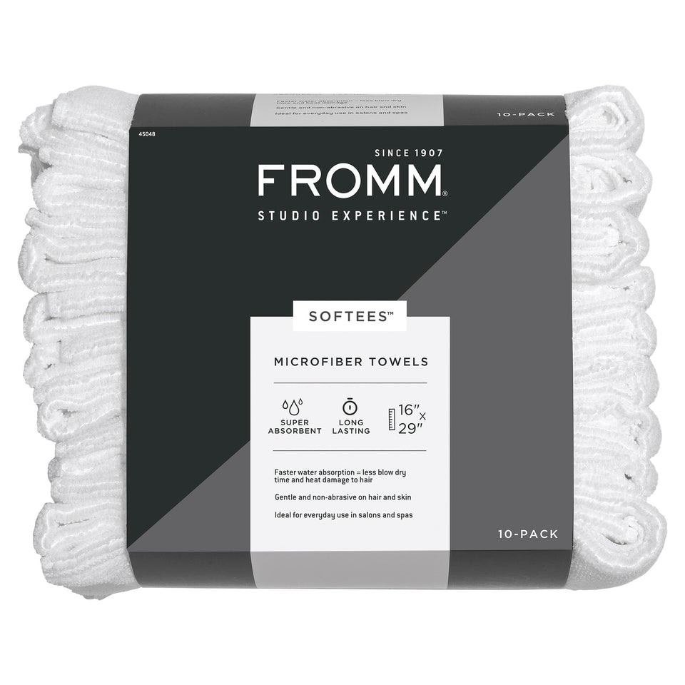 Fromm Softees microfiber towel with absorbent hair wrap for quick salon moisture control.