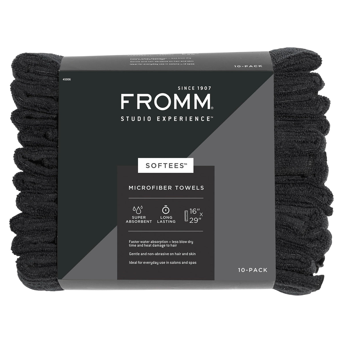 Fromm Softees microfiber towel in black packaging, durable salon essential for daily use.