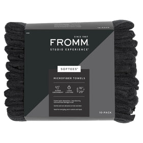 Fromm Softees microfiber towel in black packaging, durable salon essential for daily use.