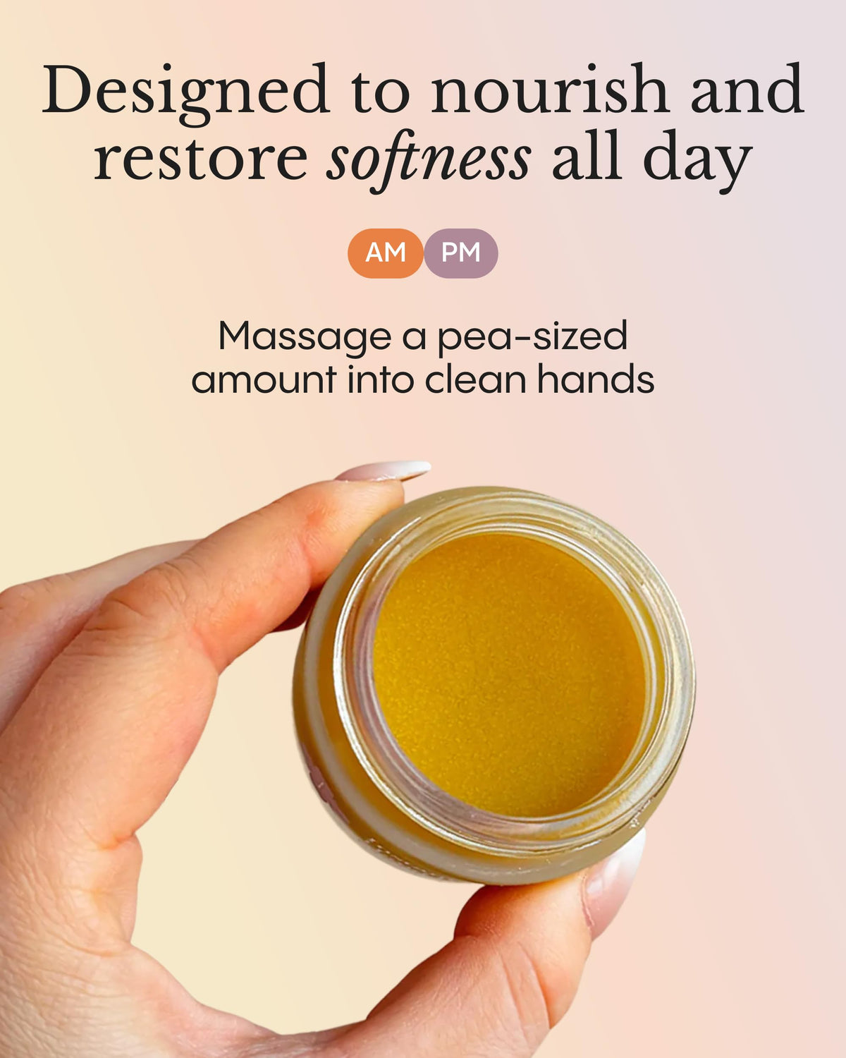 Applying pea-sized amount demonstrates potent moisture in action on hands.