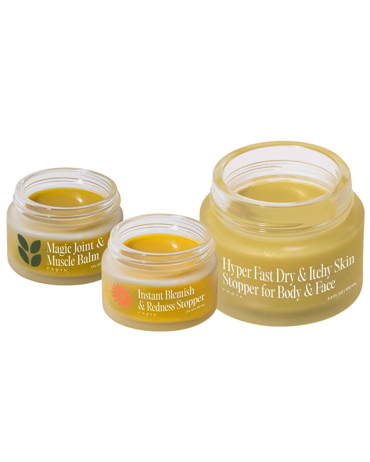 FRØYA complete apothecary pack shot illustrating a natural three-piece skincare set for face and body