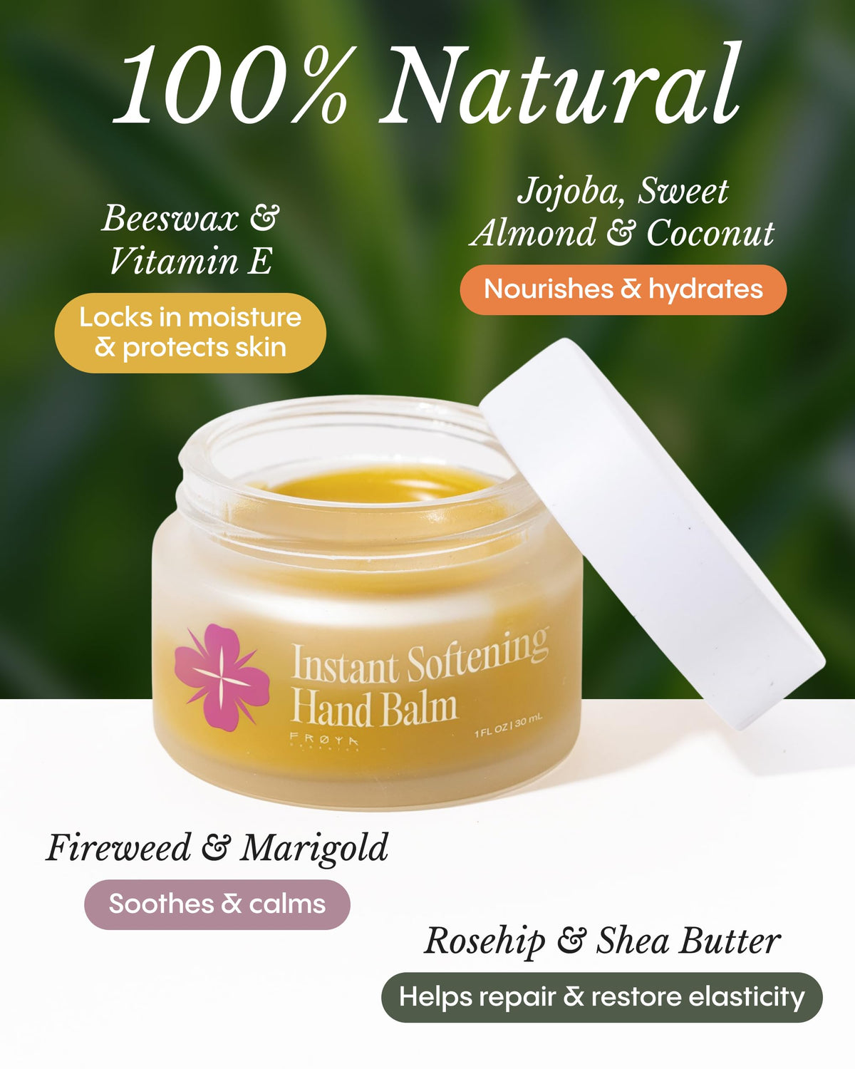 Fireweed, almond and rosehip blend close-up signals renewal and nourishment.