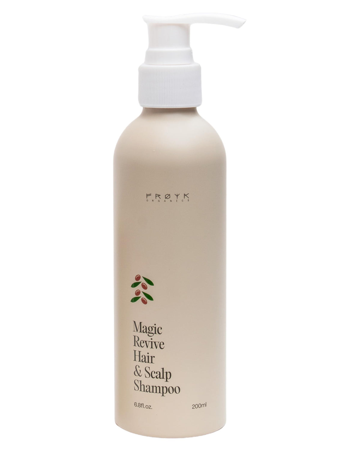 FRØYA Organics Magic Revive Shampoo bottle on shelf for daily scalp care.