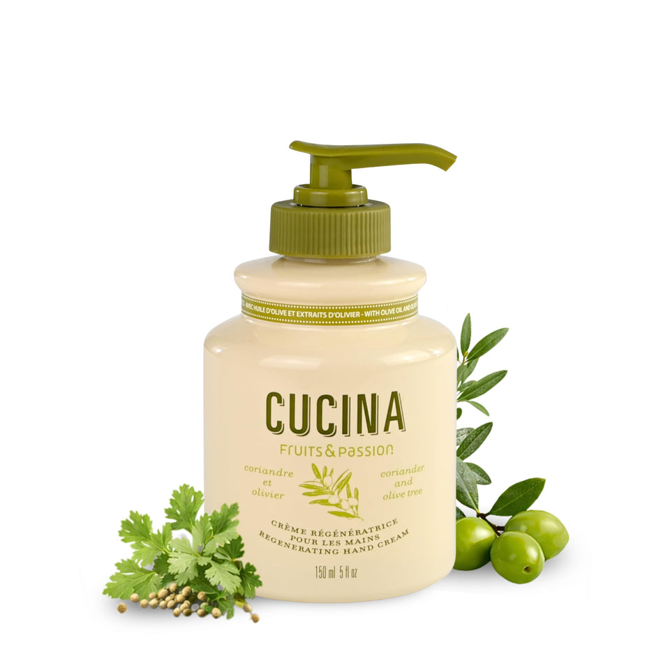 Fruits & Passion Cucina hand cream, coriander-olive scent, hydrates dry skin.