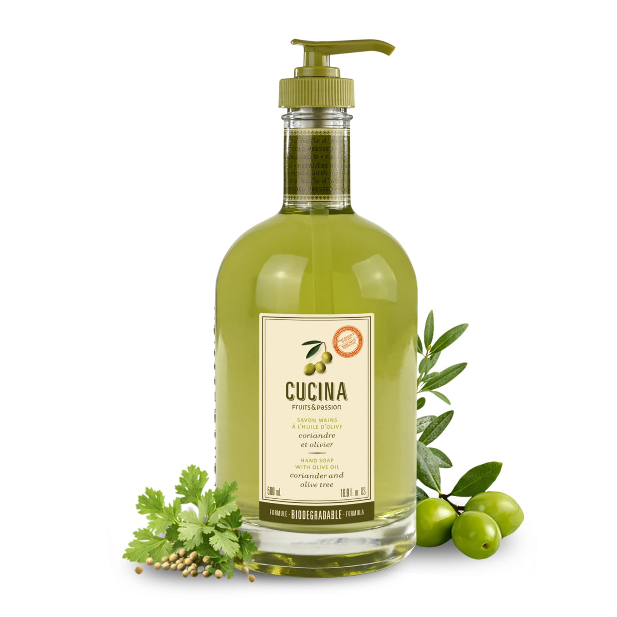 Fruits and Passion Cucina coriander-olive-tree-hand-soap bottle for refreshing kitchen handwashing