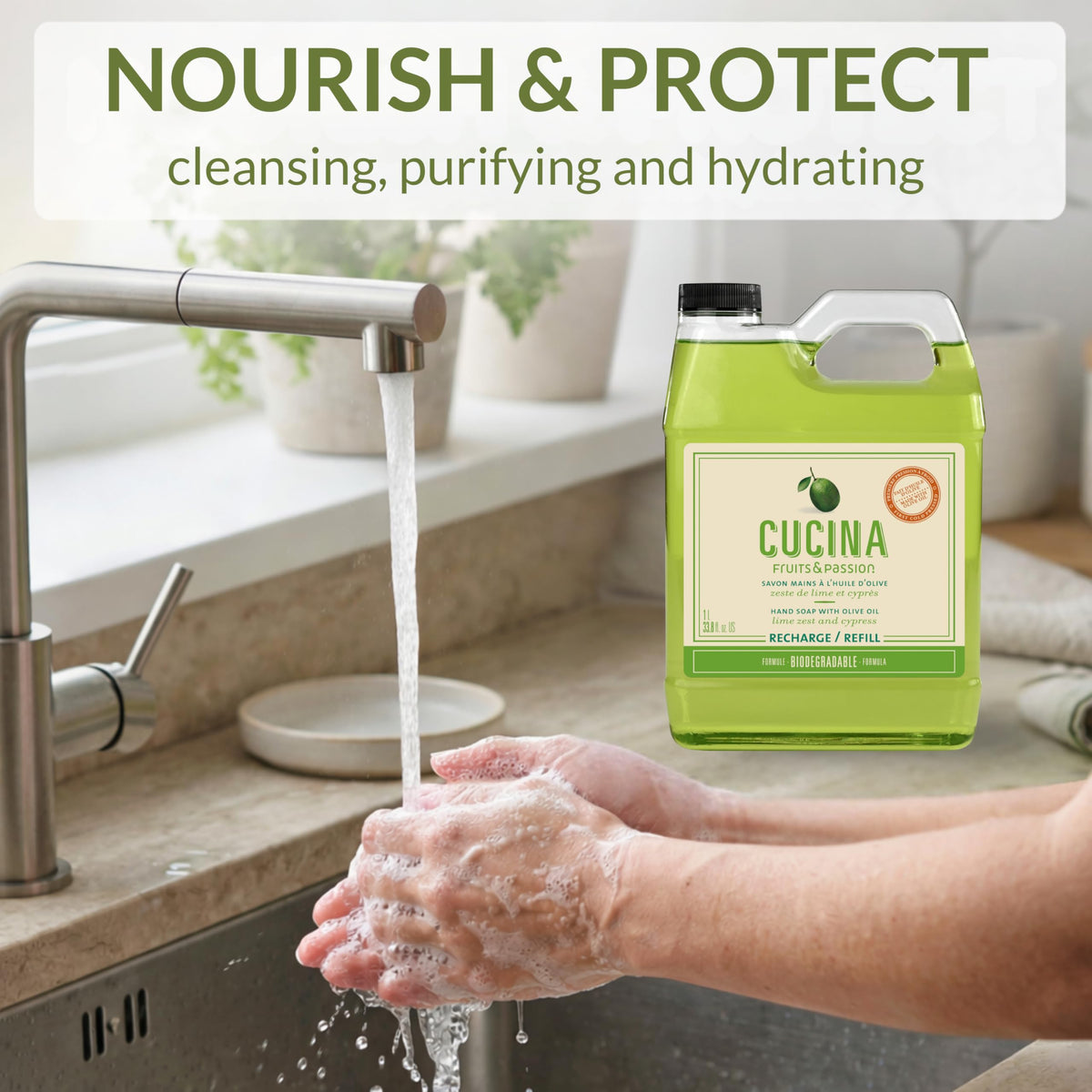 Fruits and Passion Cucina hand soap label highlights vegan formula and olive oil enrichment.