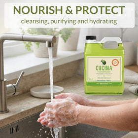 Fruits and Passion Cucina hand soap label highlights vegan formula and olive oil enrichment.