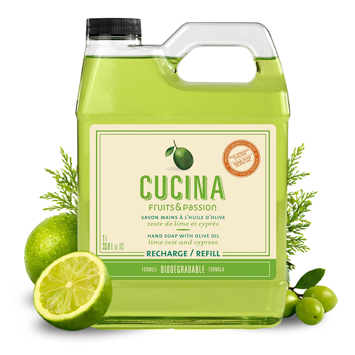 Fruits and Passion Cucina Lime Zest Cypress bottle with refreshing citrus-woody aroma for kitchen tasks.