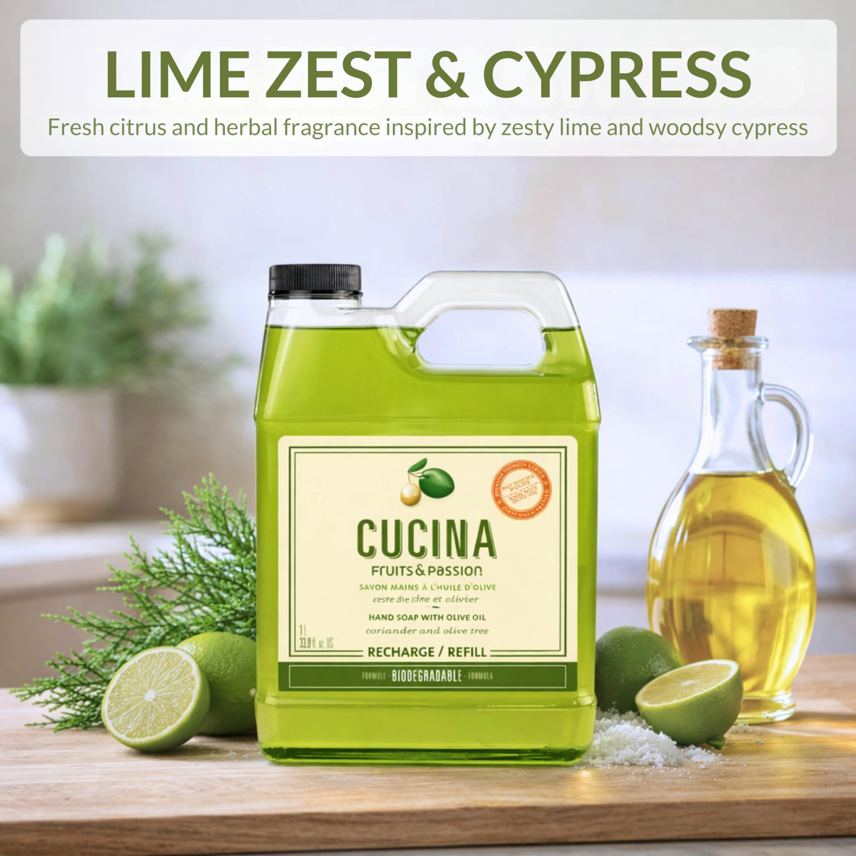 Fruits and Passion Cucina Lime Zest Cypress refill bottle ready for easy kitchen and bathroom hand washing.