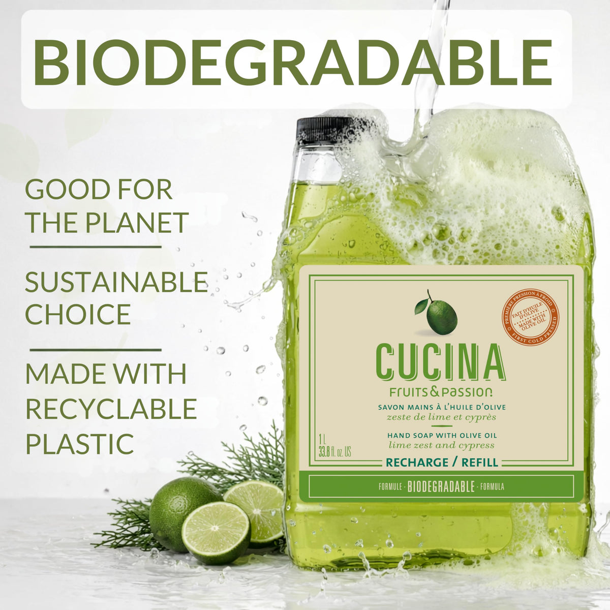 Fruits and Passion Cucina olive oil ingredient emphasizes skin hydration during cleansing.