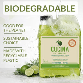 Fruits and Passion Cucina olive oil ingredient emphasizes skin hydration during cleansing.